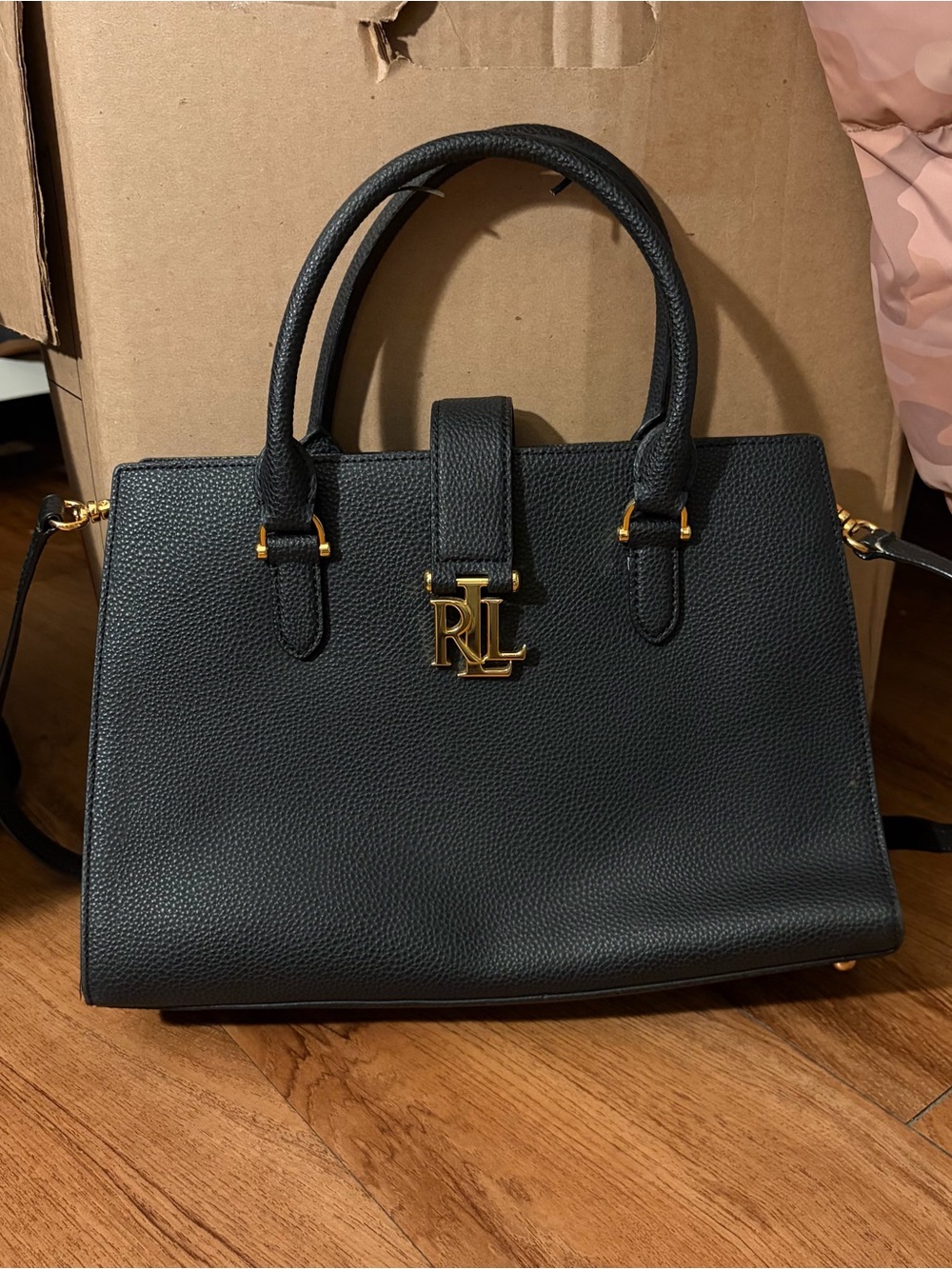 Ralph Lauren Black Pebbled Leather “Brigitte II” Bag with Gold RL Emblem